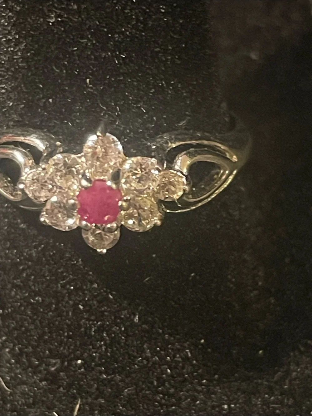 Floral  Cubic Zirconia Sterling Ring - Pink Center